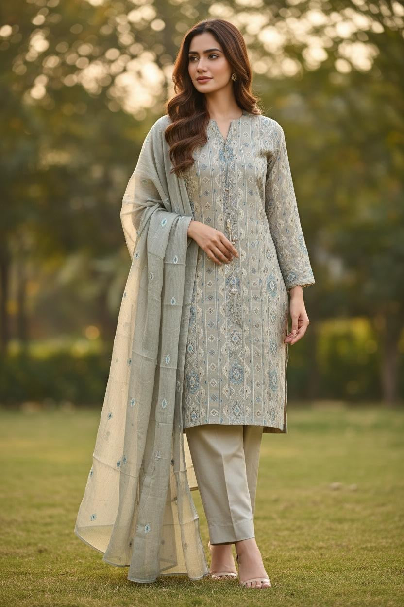 Bareeze-Lawn 3 Pcs All Over Embroidered Unstitched Suit With Embroidered Chiffon Dupatta